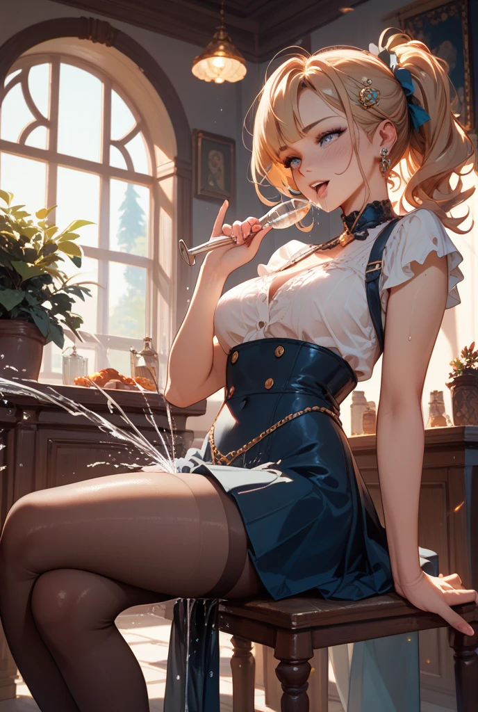 (best quality, masterpiece), (ultra high resolution, 8K RAW photo, photo realistics:1.5, cinematic lighting, textile shading, thin outline, clear focus:1.2), Beautuful Matured woman preparing tea_party in the garden, standing by the round table, (pouring tea into a cup from a tea-pot:1.2), leaning forward, (meisen's tea set, tea pot, tea cups, some cakes on dish), delicate and classy British style white table with gold accents and royal_blue, (wearing dark-green maid uniform:1.5, breast cleavage, green maid costume:1.2, long flare skirts, apron, bow ties on the chest), long tall sally, long legs, white hair, (wearing thin-flame glasses:1.2), (milf:1.5, 28 years old, solo), (large breast, sagging breast, big tits, narrow waist), full bodyesbian, (medium short white hair, hair over one eye, (updo hair:1.2), side lock, asymmetric hair, wavy hair), (fine bright pupils, high detailed eyes with highlight:1.3, high detailed face, Perfect face shape, eye rush), (happy smiling, half-closing eyes:1.2), (looking at viewers:1.3), (dutch angle, full body:0.3, from below:1.2), ((correct anatomy:1.5, correct hands)), (ideal ratio of body proportions), (outdoor:1.2, grass field),