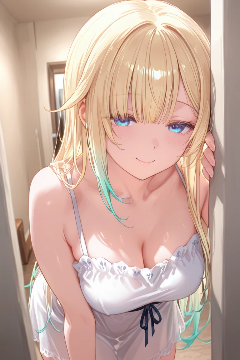 hair in takes, blonde hair, light blush, female, open mouth, bathing, on stomach, highres, overexposure, tongue, naughty face, wearing chemise, wearing collar, Bare arms 2D
