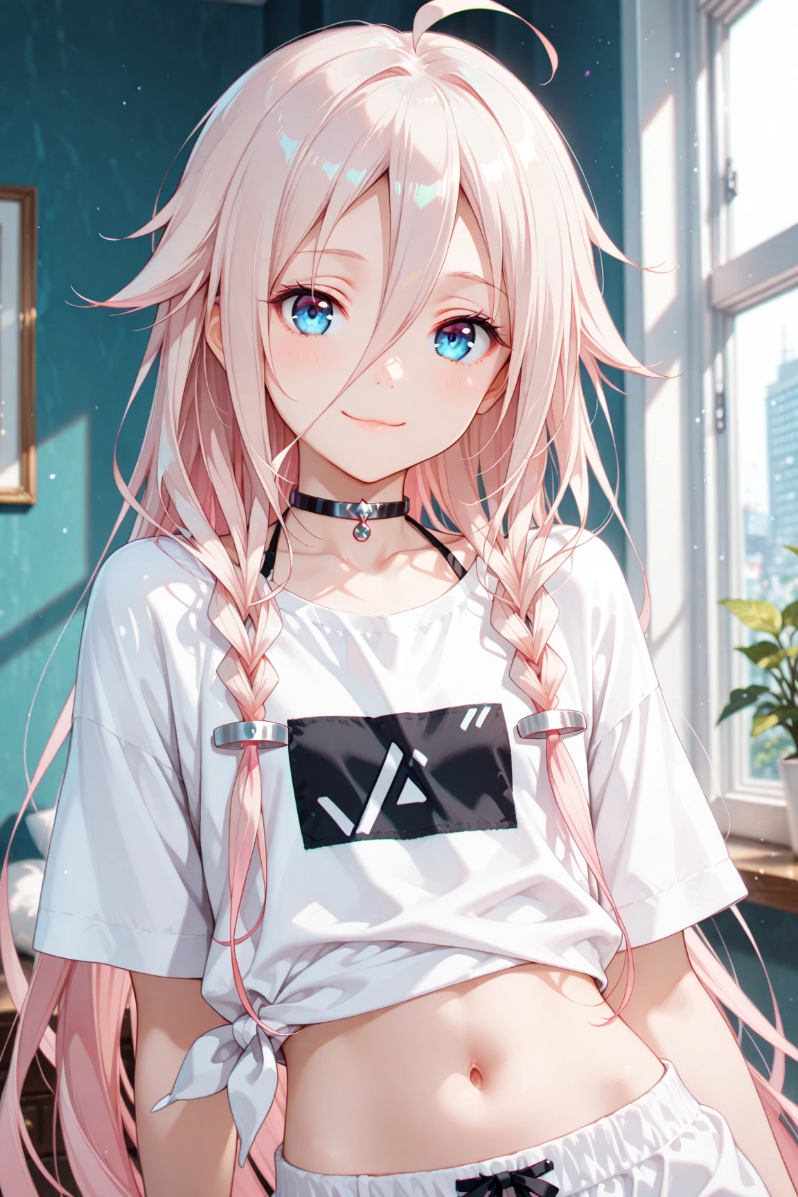 9 year old with long pink hair and cyan eyes wearing white headphones,with hair dishevelled,White T-shirt,Place your hands behind your back,Wear a red collar around the neck,short- sleeved,There is a cat tail,Expose the collarbone,are standing,Background in the house,white stockings,ssmile,Be red in the face,Pink cat ears,Exposed panties,Pink and white striped panties,eyes glowing