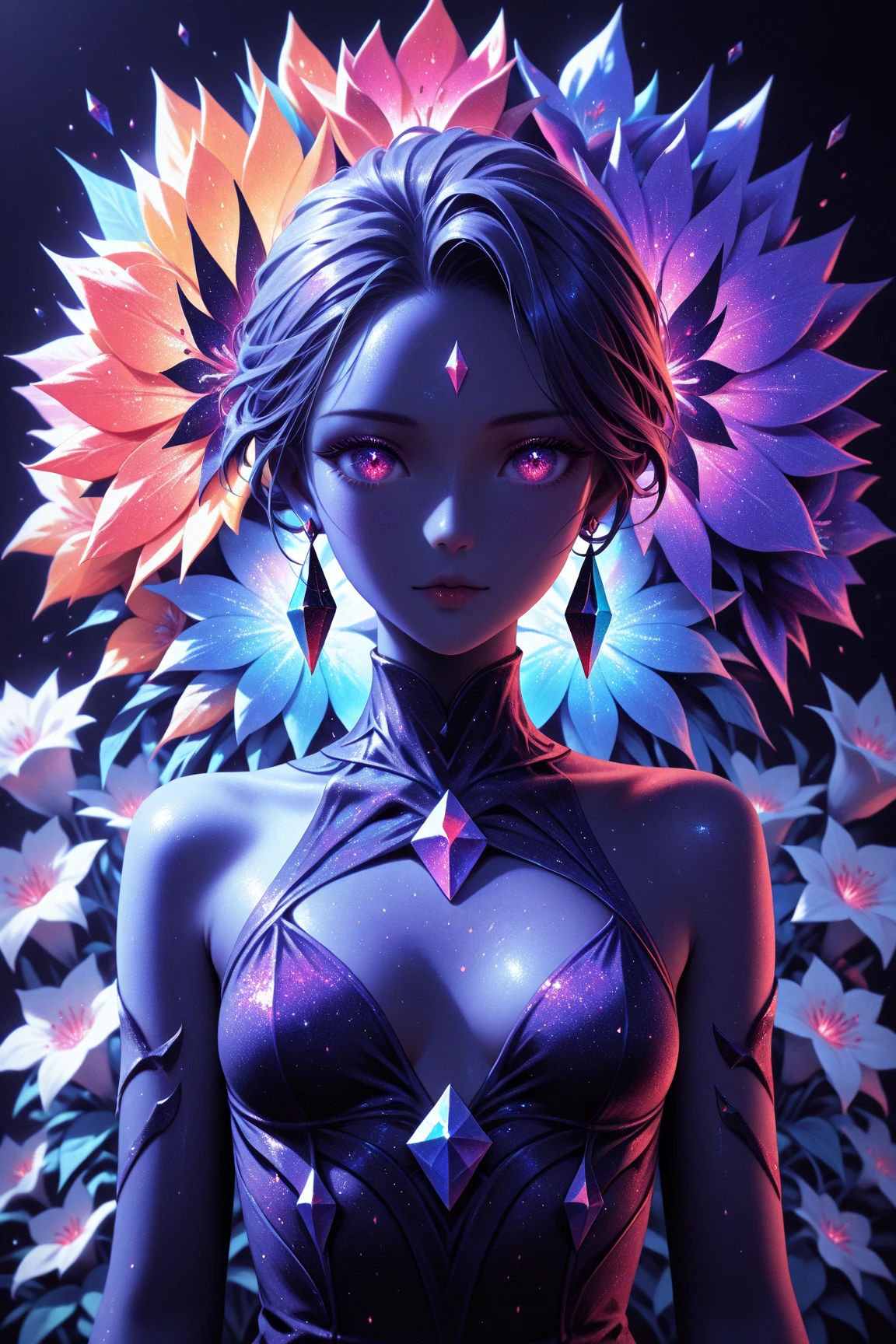 ObsidianSand,masterpiece, best quality, vibrant, very aesthetic, high contrast, newest,  flowers, gems, jewelry, colorful, 1girl, high neck dress, small breasts,