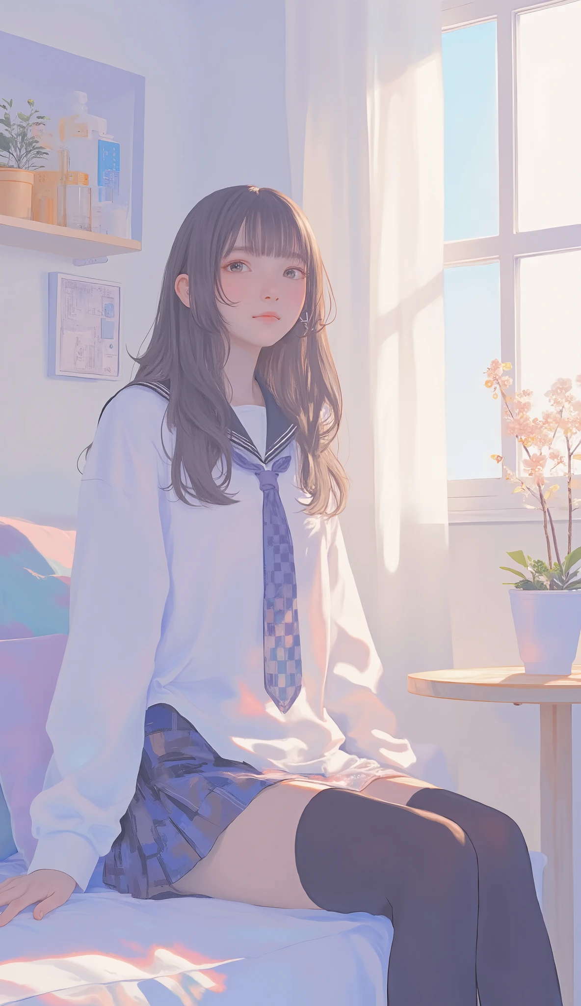 The young woman is soft, Light-colored surface , probably on a sofa or bed, for、The sunlight shining through a nearby window suggests、It has a bright and airy atmosphere. She wears a high school girl's uniform , White, long-sleeved shirt with checkered ties, and、A short pleated skirt with a checkered pattern to match. Her Long, My wavy brown hair hangs down my shoulders Masu and her back. I can see thigh-high black stockings, Ends slightly above the knee, 白い肌andの対比. young woman sitting indoors。背景for、like blurry furniture, テーブルandクッションのような, Cozy, relaxed environment. the lighting is soft and diffuse, enhances the gentle, serene mood.