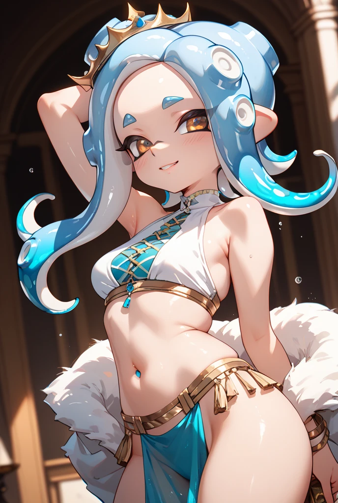 Splatoon Girl、 Black leotard, Fishnet tights, Elbow hand pockets, Arm guard, armored skirt, Thigh-high boots, ((Anatomically correct hand:1.5)), ((Real Anime)), 3D、Ultra-precision, masterpiece, really beautiful, プリンセスのface, ((alone:1.5)), ((Prism colored tentacle hair:1.5)), ((Bobcut 1.5)), break, ((Golden Eyes)), break, All limbs,((Full Finger:1.5)), break, (Skin dents), ((Skin dents)), Professional Lighting, (Age 25), Tight waist, Shiny skin (Brown Skin), ((Oily skin)), Glowing Skin, Looking at the audience, ((Cowboy Shot:1.5)), Looking at the camera, 笑face, Open your mouth a little, ((cute:1.5)), Very narrow eyes, Extra-fine face, ((Thin lips:1.5)), ((Droopy eyes)), わずかな笑face, ((Model pose:1.5)), face, Looking at the camera, ((Anatomically correct fingers:1.5)), ((Thighs)), sexy, Perfect hands, (((Arms back:1.5))), ((Metallic costumes:1.5)),