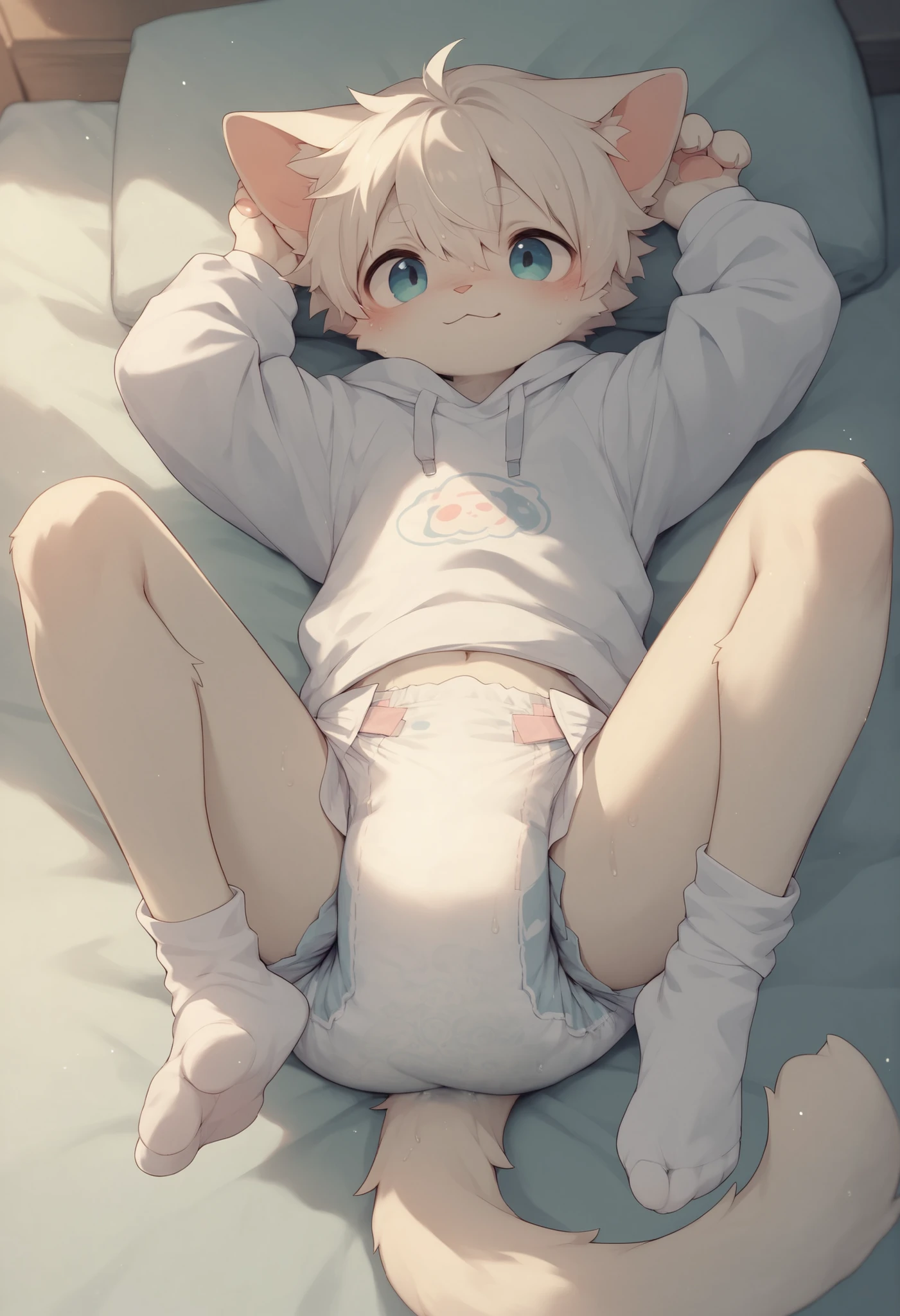 A , Kizi, wearing diaper, is 7 years old, cos , black, white hair,