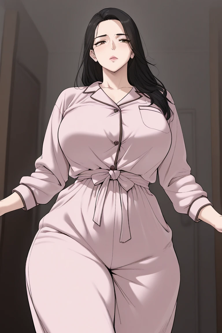 1girl, mature women,perfect ,black hair, long hair, messy hair, saggy hair,plump, chubby , fat, pajama, blush on , bedroom