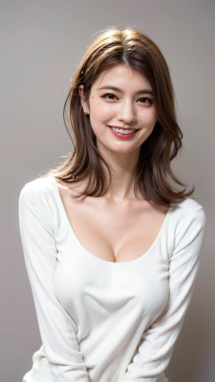 masterpiece,highest quality, (One mature woman、42 years old), ((close:0.5)), ((Cross Arm)), Glare, (Grey blazer), (shirt:1.2), (Pencil Skirt:1.2)double eyelid, Japanese, Lip gloss, (smile:1), ((close your eyes:0.85)), ((Looking at the audience、Whole body image、Are standing)), to be born, (From above:0.2), ((no one)), (Gray background)、(Short boule:1.2)、Written boundary depth、Pointy red mouth、(Reddish brown wet shiny short hair,,,,,,,,,),Red Mouth,clavicle、(Full body portrait:1.4)、Digital Illustration, (Photorealistic:1.3),(RAW Photos.),Bright smile,((Large Breasts)),E cup breasts,((Emphasize the chest))