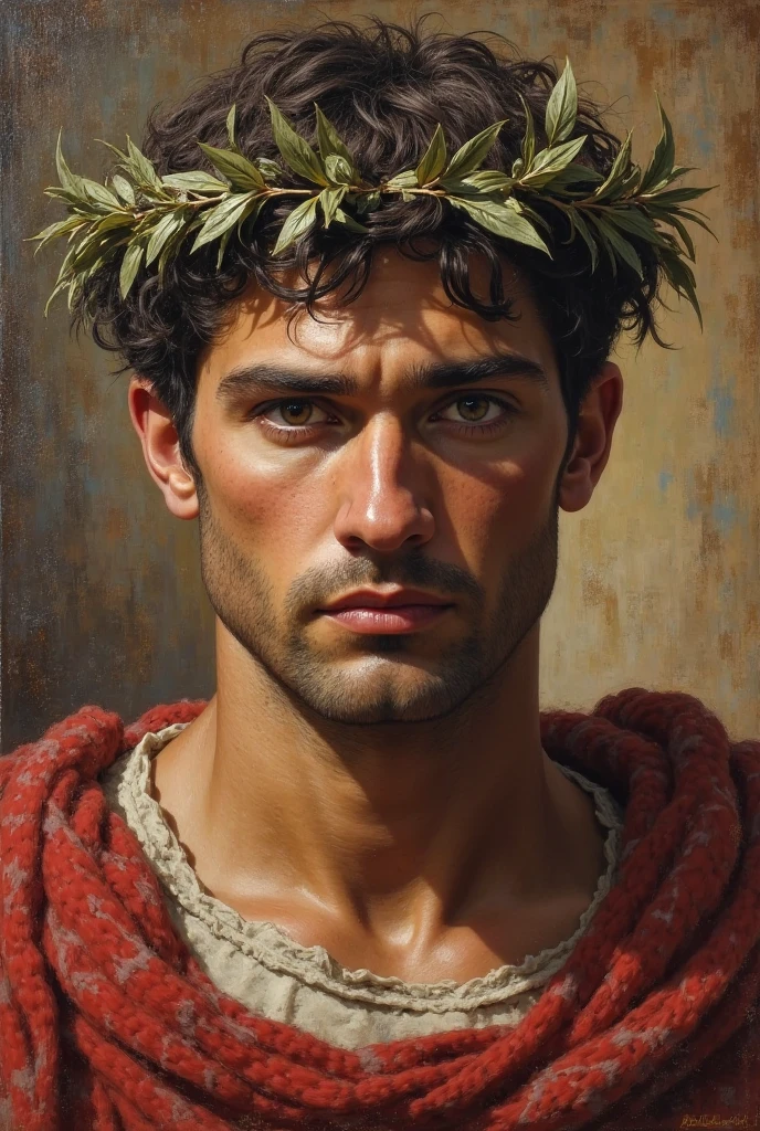 A masterpiece of oil painting by Théodore Géricault. A dramatic half-body portrait of a 20-year-old ancient Roman gladiator, his chiseled torso glistening in muted colors. The subject's gaze is intense, his bare chest adorned with a beige Russian fur hat and a red diamond-shaped pendant. His dark green lorica armor, crafted from velvet, alligator leather, and Ronin-inspired elements, wraps around his torso like a cloak, tied at the waist by a satin sash. The composition is bathed in warm, golden lighting, with the subject set against a subtle gradient of earthy tones.