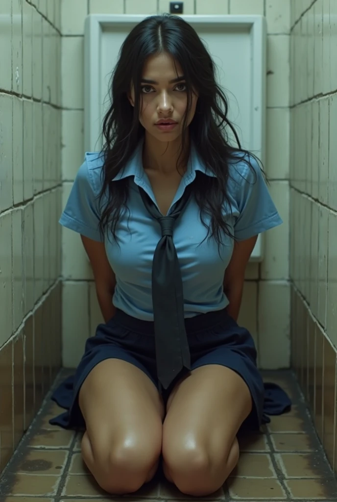 (Woman in jeans, control, object, violence, BDSM, restroom, immobilized, Bondage, public humiliation, spiked collar, masochism, Dark ecstasy, Vulnerability, Nose piercing ring), on the knees, Offers himself, The crowd around