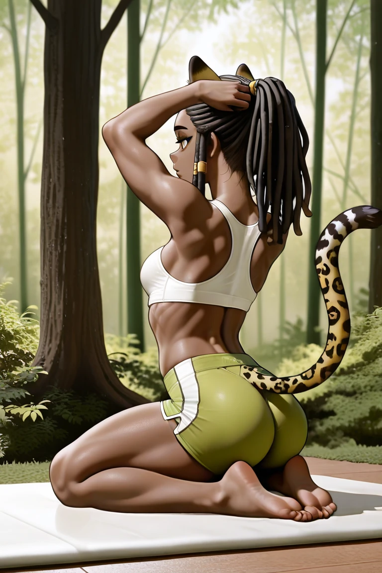 (((Simon Bisley))), (((Frank Frazetta))), ((((absurdists))), (((best quality))), (((masterpiece))), (((back))), ((perfect muscular butt)), muscular 35-year-old African woman, Zulu warrior, war paintings by body, perfect and proportioned body, black-skinned savanna warrior wearing very few clothes and many necklaces and adornments by the body, long hair with colored dreadlocks, tiny bikini made of leopard skin, holding a spear and walking through the savannah, dry vegetation, lots of heat, she is sweaty and her black skin glows under the scorching African sun, leopard skin covering her arms