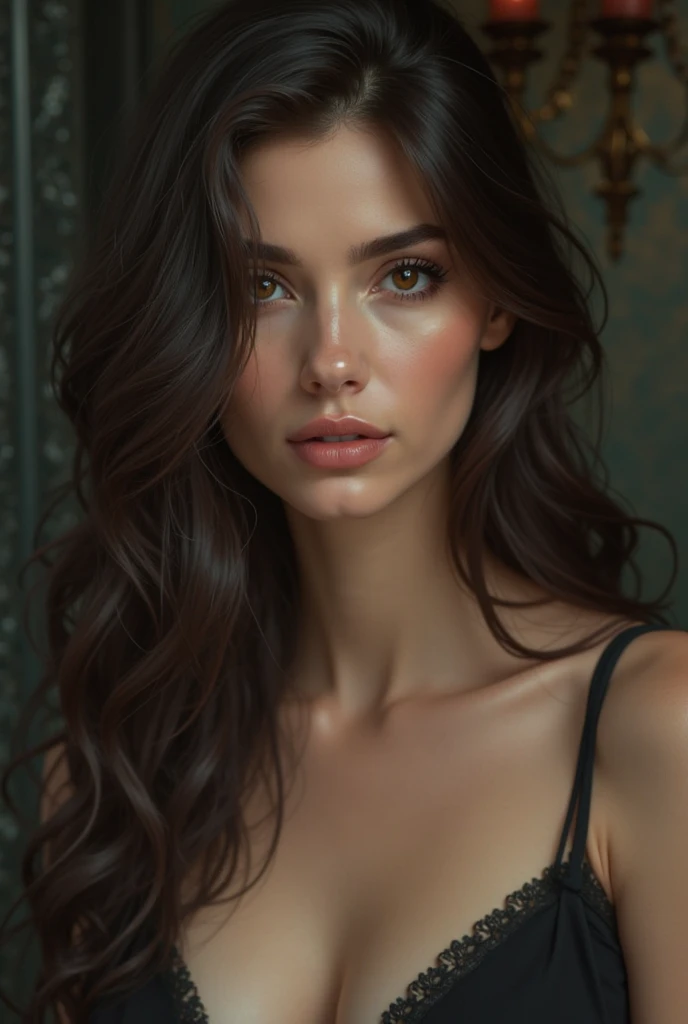 Sofia has dark brown hair, longos e ondulados, with a natural shine. His eyes are light green and expressive.. She is of average height (1,68m) and has a slender body, but with smooth curves. Your style is classic and sophisticated, generally opting for pieces in neutral tones and elegant cuts, mas com um toque moderno.