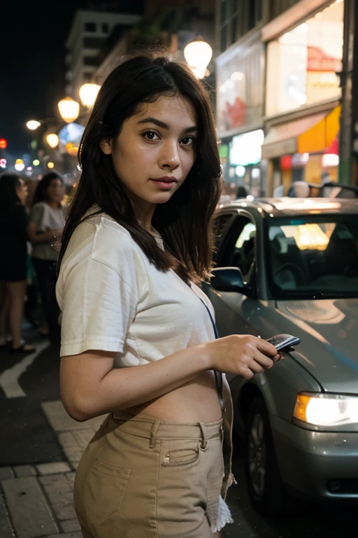 Auto con chica al lado de noche en la ciudad 1080p