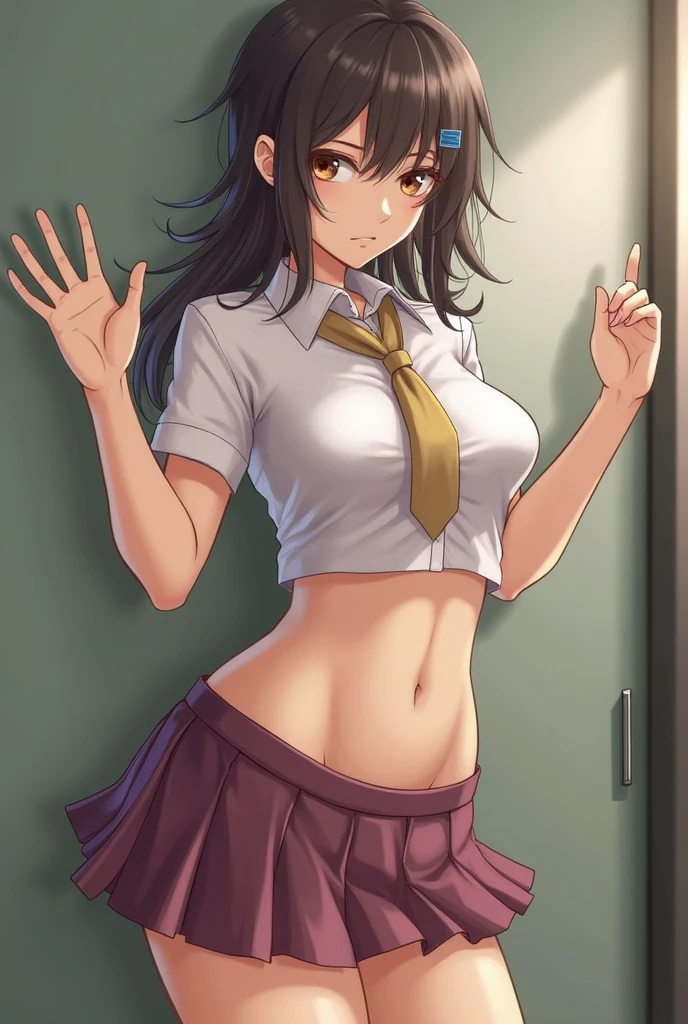 (masterpiece, best quality), 1girl,    <lora:owari_akane:0.8> owari_akane, (dark skin, dark-skinned female:1.4), large breasts, cleavage, long hair, shirt, collarbone, hair between eyes, skirt, white shirt, navel, collared shirt, short sleeves, pleated skirt