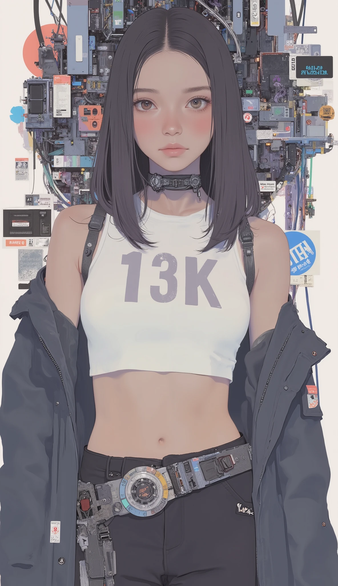 の下に小さな文字が描かれています。若い女性が未来的な, 全体的な構成は、高度なテクノロジーと現代のテーマを強調していますfashion. を着て描かれています。最も印象的なのは、白いクロップトップ, という太字の "13k" 黒, が含まれ、. 彼女の服装には、SF美学に貢献する, ダークカラーのジャケット, で部分的に覆われており、実用性とスタイル. 現代のファッションの要素とハイテクアーマーを融合させたメカニカルコスチューム {x} ジャケットを開けると、引き締まった上腹部とテクノにインスパイアされたベルトのディテールが見えます, メタリックな留め金と複雑なデザイン. 彼女のロング, ストレートブルネットの髪が頭を部分的に囲んでいることです. 彼女の後ろに, さまざまなパッチやロゴで飾られています, と刻印された頑丈な. 背景は複雑なパターンと機械のようなコンポーネントで埋め尽くされています.
