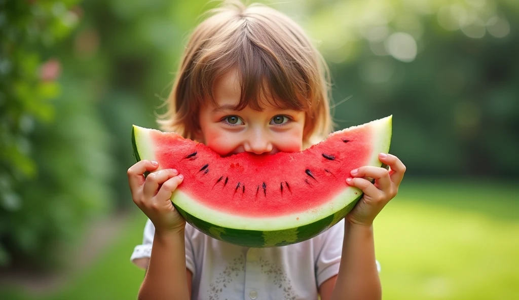 girl CHILD 10 years old, Russian blonde in braids, There are four pieces of watermelon.