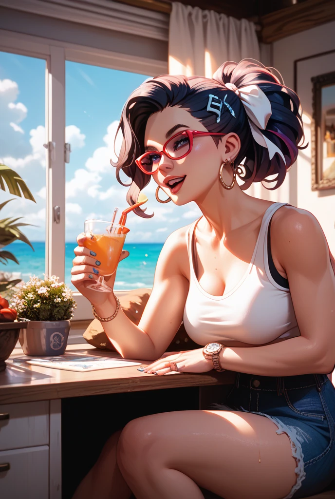 Sexy girl, lean, shredded abs, thick thighs, big biceps, flexing abs, wearing white shirt, white/blue shirt, purple sleeves, big breasts, black skirt, Sus face, blushing, black skirt, struggling, 6 pack abs, gold belt, huge hips, sexy body, winking, lots of freckles, tan, black hair, sexy face, glitter in hair, smiling , beautiful face, brown eyes, girl wearing black straps on skirt, sweaty abs, muscular hips , sexy figure, in park, adult, thick body, sexy , big hips and waist, huge hips , Sus face, shredded hips and waist, wearing black boots, 6 pack abs, moaning, weary atmosphere, short girl, leaning on bench, short, sexy body , headphones on head, holding coffee cup, wide body, thick body, winking, holding cup firmly, long hair, perfect arms, brown eyes, abs, huge white gloves,long hair, 4 or 6 abs, seducing look