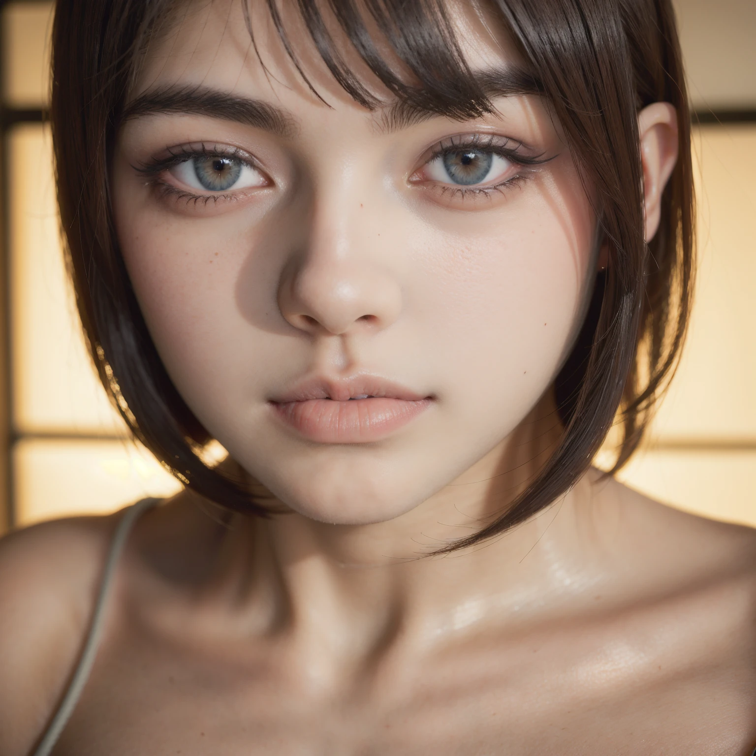 Jeune femme, 19 ans, française, slim, vue de profil, joli yeux bleues, cheveux longs bruns, string et soutiens-gorge en dentelle, regard sexy et séductrice en tirant la langue, ((cum on face: 1.5))