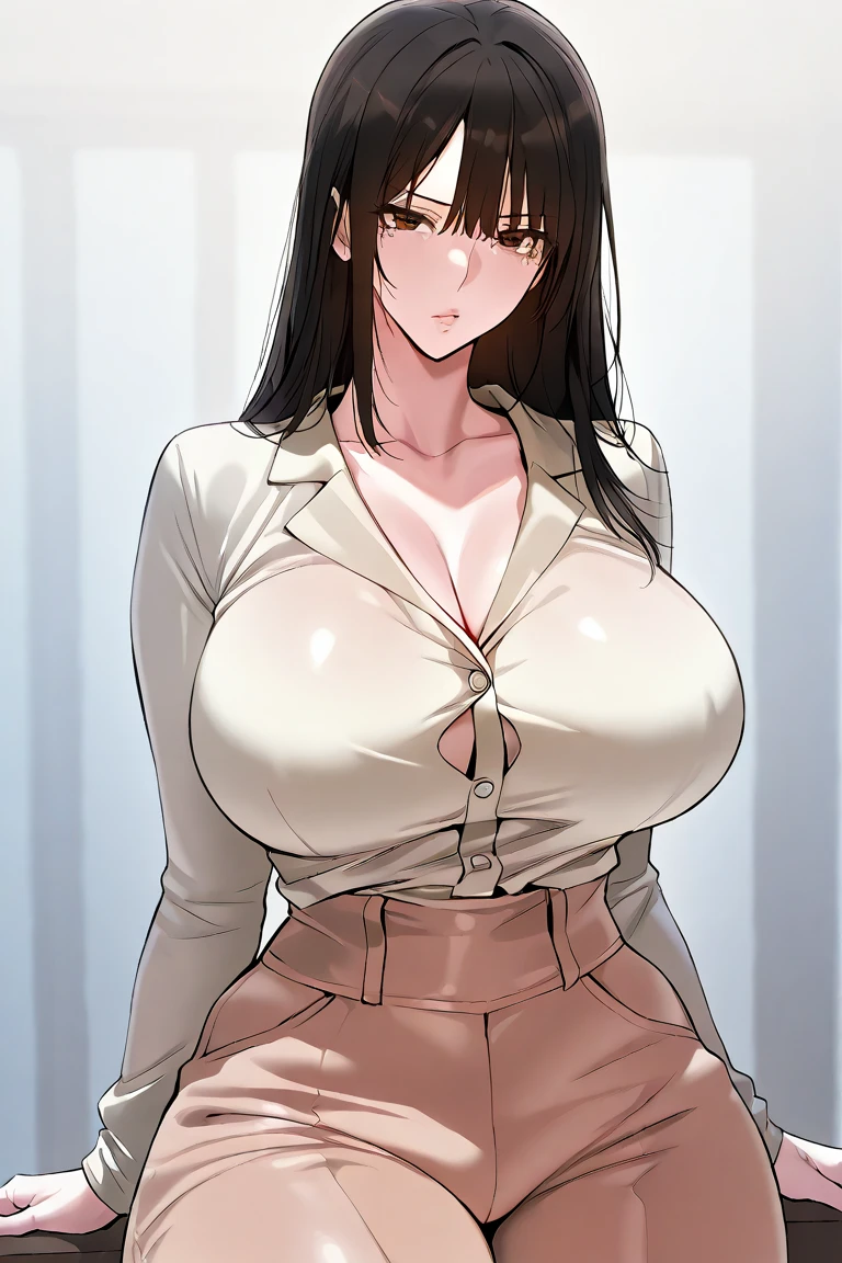 best quality, high resolution, kouhai-chan, 1girl, brown hair, brown eyes, mole on cheek, long hair, mole under eye, huge breasts, black hair, bangs, skirt shirt, cleavage, collarbone, white shirt, pantyhose, indoors, mole, high heels, pencil skirt, high-waist skirt, office, solo focus, cowboy shot