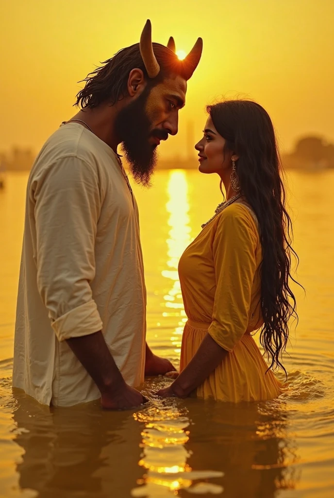 Curvy hourglass muslim women wearing saffron saree black hijab, 3 muscular hindu pandit on beach temple, late night doint kiss