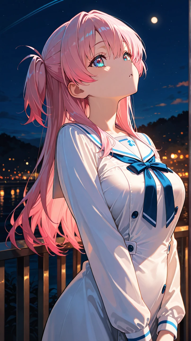 Anime, a girl with long pink hair and a blue shirt, sitting on a rock with a mysterious night scene in the background. 8K animation style, high-quality animation art, extremely fine in detail. Wallabies also appear in the frame, adding interest to the entire canvas. On 8K anime wallpaper, well-drawn anime girl sitting on a rock in beautiful blue shirt with thrilling anime scene in the background, quite spectacular. Young anime girl, wink at you.