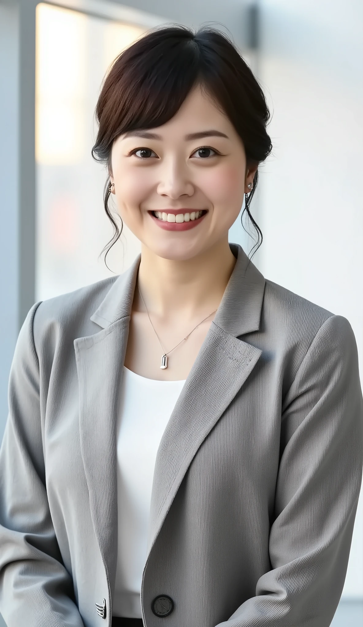 Neat Young Woman、and look at the camera、office lady suit、jacket、shirt、necklace、ear piercing、黒髪、、smile showing teeth、背景はオフィス
