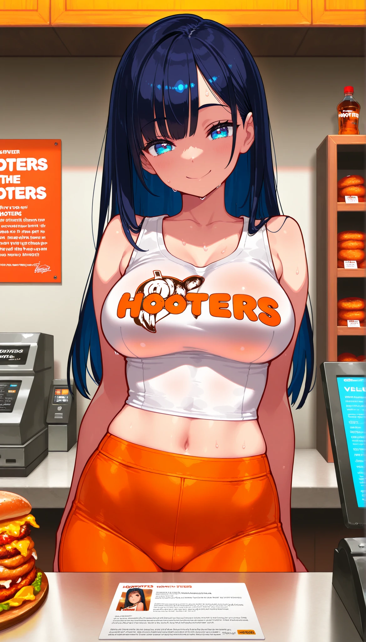 beautiful face, Good figure, Defined body, Super Detailed, high detail, High Quality, best quality, high resolution, 1080P, high resolution, 4K, 8k, masterpiece, correct, volumetric lighting, detailed eyes, 1girl,  Hooters,smile, tight uniform, Hooters uniform, Stand behind the cash register, midriff, sleeveless, Sweating, holding the counter