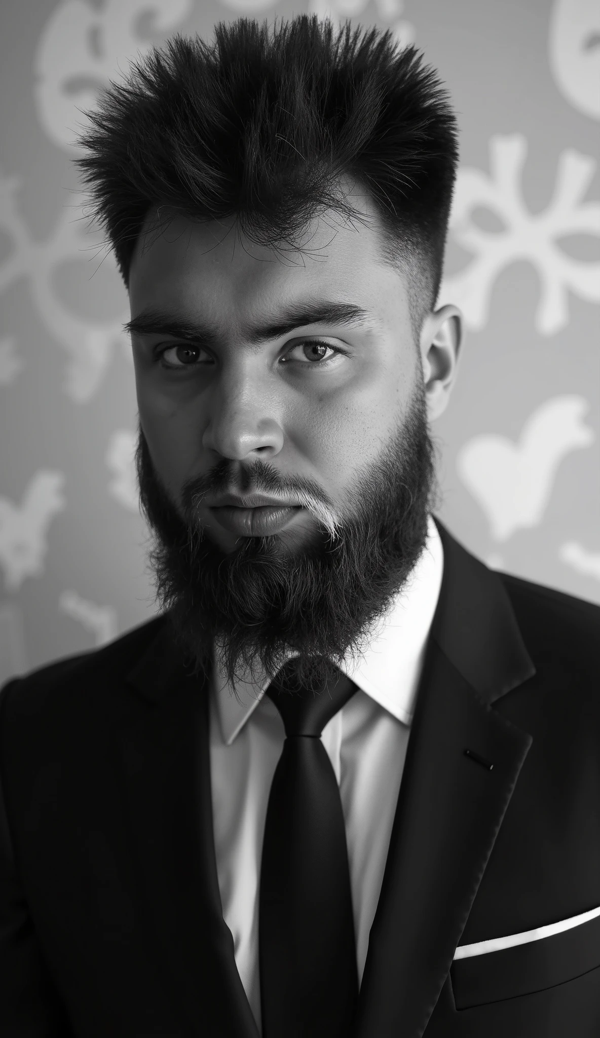 Create a high-end, black and white portrait using the selfie of pavel89ru, keeping the face exactly as in the original selfie without any edits, retouching, or smoothing. The subject should be wearing a business suit, with all facial details and textures preserved for an authentic, raw look. Use dramatic, studio-quality lighting to create strong contrasts and deep shadows, sculpting the facial features to bring out their depth. The background should be a clean, blurred studio-style with soft gradients or subtle textures to keep the focus on the subject. Frame the portrait in a vertical 9:16 format with centered composition. The skin should have ultra-realistic texture and depth, with no digital makeup or alterations. The final result should have a timeless, editorial feel, conveying emotional intensity, suitable for a high-end fashion magazine or gallery