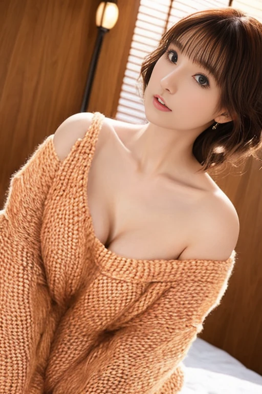 highest quality、high detail:1.1、Very attractive adult beauty、Add intense highlights to your eyes、backwards、look back、Beautiful woman full of adult charm、perfect anatomy、I hear a silver voice、long hair、shiny hair、lip gloss,1 girl, alone, realistic、Please tilt your head slightly, short and shiny hair、 ((knit sweater))、stylish muffler,bangs、Big eyes、eyelash、face is a little red、embarrassing)、(huge breasts:1.4}、G cup big breasts、very beautiful beauty、please show me your ears、long neck、a little blush、beautiful teeth、((Open your mouth and be embarrassed、heart shaped eyes))、28 years old、very cute super model、expensive、((Full body angle of view))