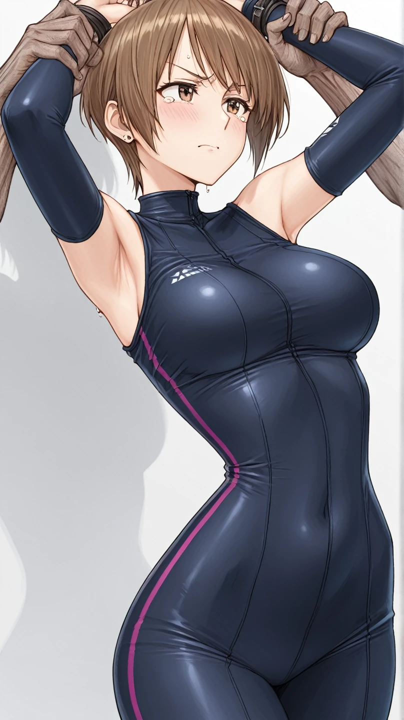 Superior image quality, premium, perfect anatomy, High resolution, ultra detailed, 8K Wallpaper, textured, detail, (tied by rope:1.3), Single, NffSW, extremadamente details CG, Hisato Higashi, 1 girl, Alone, Full body esbian, poneyTail, Brown_hair, fringe, Brown_eyes, 20 years,, see the viewer, a smile, Lewd face, (beautiful fece,big_old:1.4), (beautiful_face:1.5),(narrow_waist), purple suit, ashamed, Wide hips, thick thighs, Huge natural old, huge ass, Erotic, cute smile face, bubble butts, Protruding chest, tight purple latex, perky nipples, hanging breasts, Posing, Purple latex suit, prominent nipples,pezón big, tight , blush, Huge old, (purple monkey:1.2), Aloneで, ,Street, ashamed, (standing:0.8), humiliated,Wet hair and body,elegant, open mouth, tied, tied with a rope, tied with a noose, (circle bite mouth, RING_bite, spreader_a bar counter),(opening legs）、ultra detailedな8Kんで cg、bdsm、huge breasts、perfect female body、ball-bite、swing bed，((restrictedし))，string art、(Stricter restrictions)、(Plus code model)、Asian、clear focus、very detailed texture of the face and skin，no shadow light,bite,tied with a rope, mail, restricted