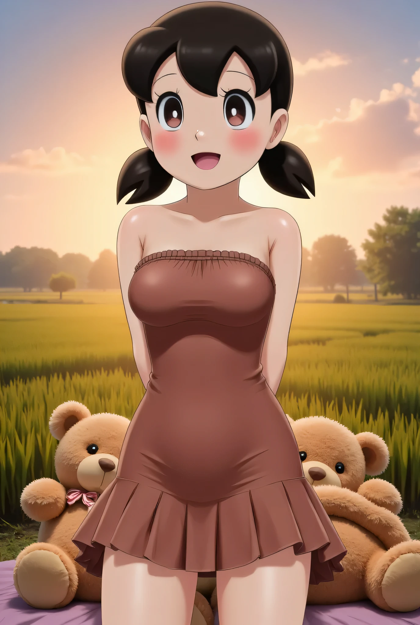 Cute Small, Visible female panties, front posing, ("Facial expression in Happy big Orgasm"), Both hands lying behind the back, (photorealistic:1.6), background rice paddy. Waktu Senja atmosphere, (((please don't showing any finger!!!))), (BARING DIATAS TIGA HUGE TEDDY BEAR)), hands behind back, Look from the front you are stupid!, wearing Fully brown pleated print unbuttoned corduroy tight strapless dress. (blink pink eyeshadow & pink eyeliner) PLEASE DON'T PUT ANYTHING ROPE AT MY CLOTHES!!!. BOTH HANDS PLACED BEHIND THE BACK , SILFOE PHOTO. BIMBO LIPS, black hair bang style long straight and sleep lying at my bed , ((HUGE DICK PENIS ERECT))