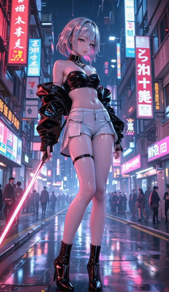 (Masterpiece), (Best Quality), Realism, Cinematic Light, Cool Pose, Battlefield Background, Perfect Figure, White Eyes, Short Pink Hair, Full Body, Long Legs, Pink Miniskirt, High Heels, Pink Longsword in Hand