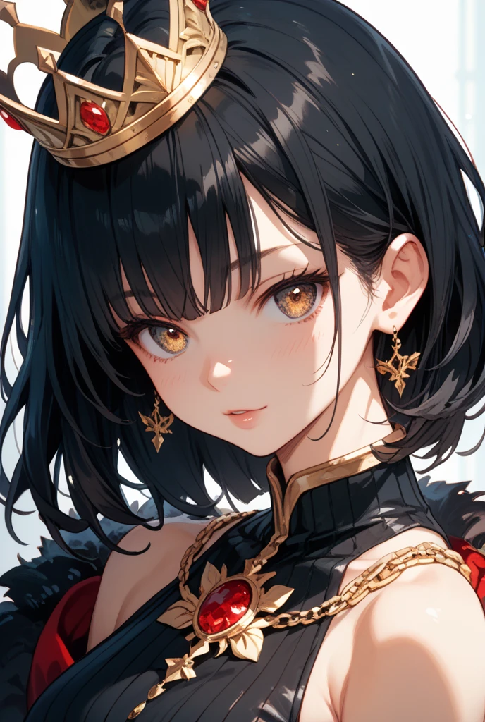 ((Retina)), masterpiece, anatomically correct, textured skin, super detail, high detail, high quality, best quality, highres, 4K, (Detailed Lights, Detailed Shadows), 1Woman, Divinity, Goddess, Close-up, Portrait, (Half Body), Extremely Detailed Clothes, Detailed Skin, Perfect Body, (Black Colored Hair), (Queen), (Simple Crown)