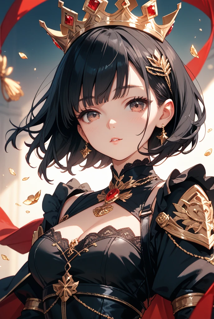yor briar, anime style beutiful woman, 1girl, happy, sexy pause,(with sparkling eyes and a contagious smile:0.9),red face, closed mouth, beautiful detailed eyes, super detailed skin, backlighting, bare shoulders, black background, black dress, black gloves, black hair, breasts, dress, earrings, fingerless gloves, floating hair, floral print, flower, gloves, gold earrings, gold hairband, hair flower, hair ornament, hairband, holding, holding weapon, jewelry, large breasts, long hair, looking at viewer, off-shoulder dress, off shoulder,red eyes, short hair with long locks, sidelocks, solo, spikes, thighs, two-sided dress, two-sided fabric, weapon, fighting stance , face, close up, from above, highest quality, looking at viewer,high resolution.