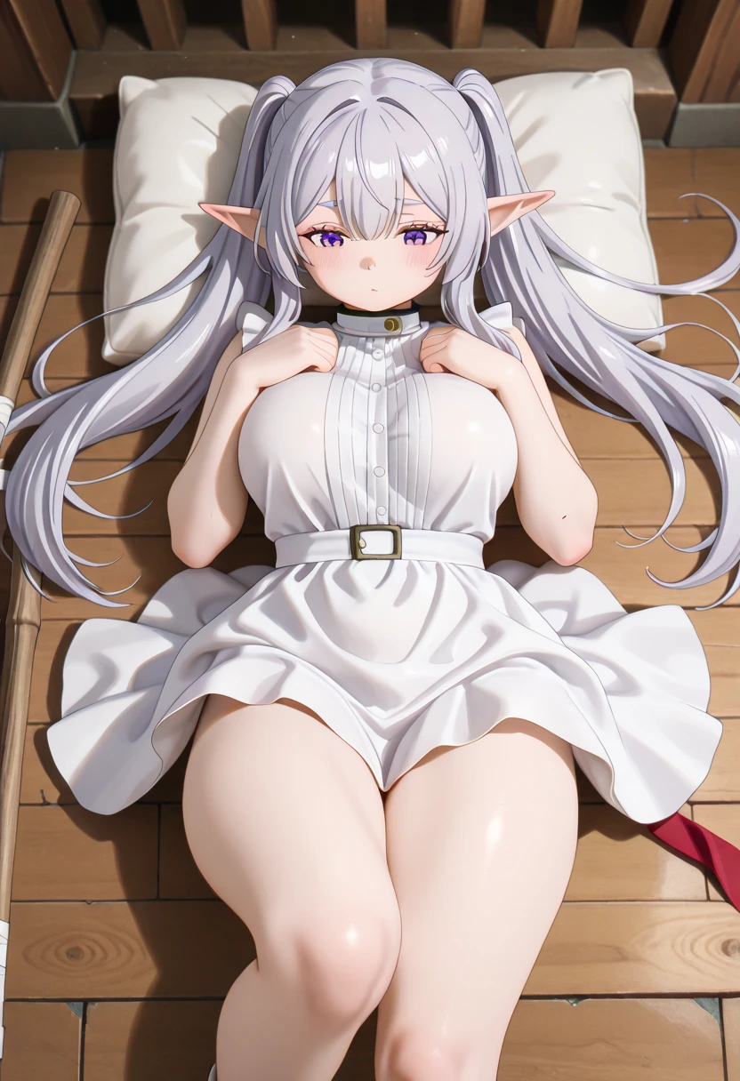 Masterpiece、Anime Coloring、Ultra fine、、、One Girl、Open your mouth wide、cowboy shot、looking at the camera、smile、blush、Watery eye、((white floral underwear、 underwear))、((lie on bed))、Bedroom、sunny、Gray Hair、Long Hair、Elf Ears