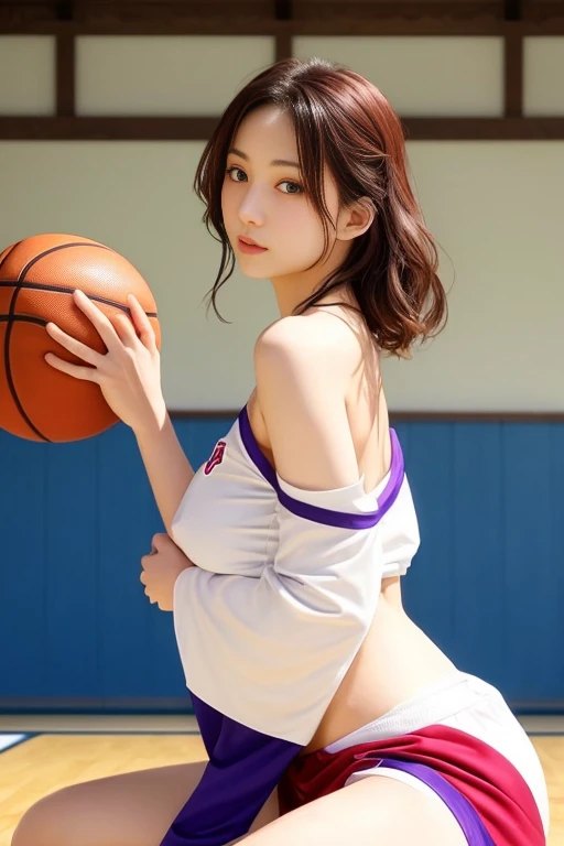 (RAW photo, 4k, masterpiece, high resolution, extremely complex) (realistic: 1.4), cinematic lighting
1 Girl, Solo Focus, Summer Noon, Hot, 1990s\(Style\), (Best Quality), (Highres), (an Extremely Delicate and Beautiful),,(Beautiful 8k face),(Brown eyes),(ulzzang-6500:1.0),(solo),(Looking side),( spectators),(large breasts),(NBA),bent over,,lookside,(side), ,(Basketball sportswear),((Play basketball)),((gymnasium)),((speed)),(reality),