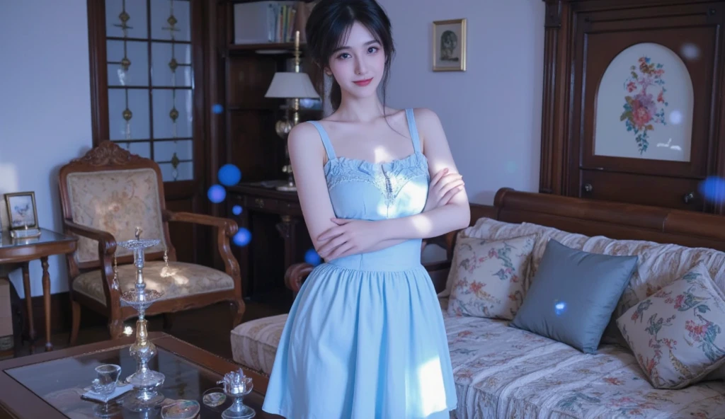 Sweet girl clothes8,(gem:1.3), Film portrait photography， 1个Giant Breast Girl， Shoulder length wavy hair， peaceful， peacful， （Realistic and detailed eyes， Natural skin texture， Realistic facial details）， Soft dramatic lighting， Depth of field of view， vibrant detail， finely detailled， hyper realisitc