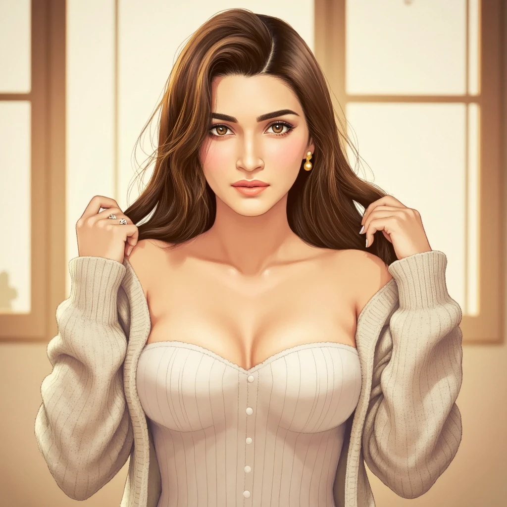 artwork, highest quality, illustration), torso, alone, smiling, long black hair, brown eyes, white sweater, black jeans, cleavage, in front of a bus stop 