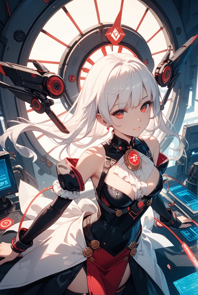 Silver long hair、Red eyes、woman、美しいwoman、Large Breasts、White Machine Skin、The whole body of the machine、Mechanical joint、The machine's body is entirely red and white.、sword、A revealing red and white Chinese dress、A Chinese dress that shows off her cleavage、chinese style background、indoor、Masturbation、On the bed、orgasm、Ahegao