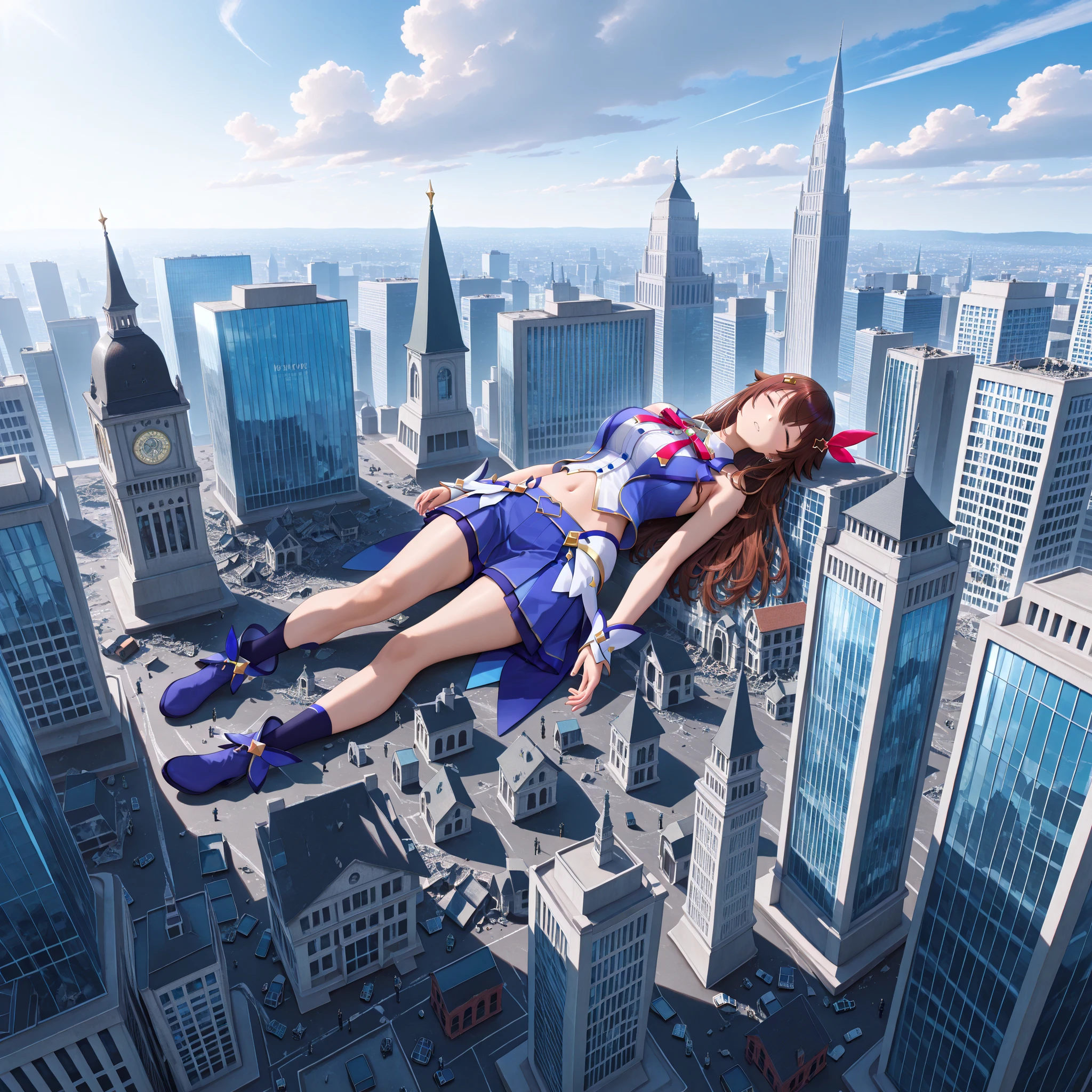 masterpiece, best quality, great quality, very fine,"Tokino Sora" are sleeping in each other's arms, The gigantic "Tokino Sora"  towering higher than any building, Miniature cities, ruined miniature cities