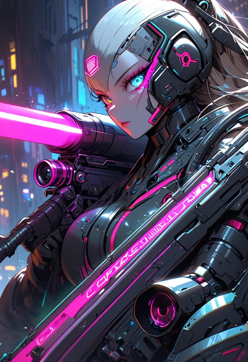 cyber woman with a gun in a city at night, cyberpunk girl, cyborg girl, cyberpunk beautiful girl, cyberpunk art style, cyberpunk futuristic, cyborg - girl with silver hair, cyberpunk 2 0 y. o model girl, cyborg - girl, futuristic cyberpunk, cyberpunk women, cute cyborg girl, cyberpunk anime girl mech, female cyberpunk, cyberpunk art, cyberpunk cyborgHD, (Best Detail), (Best Quality), colorful, cyberpunk, neon, beautiful lights, purple reflections,