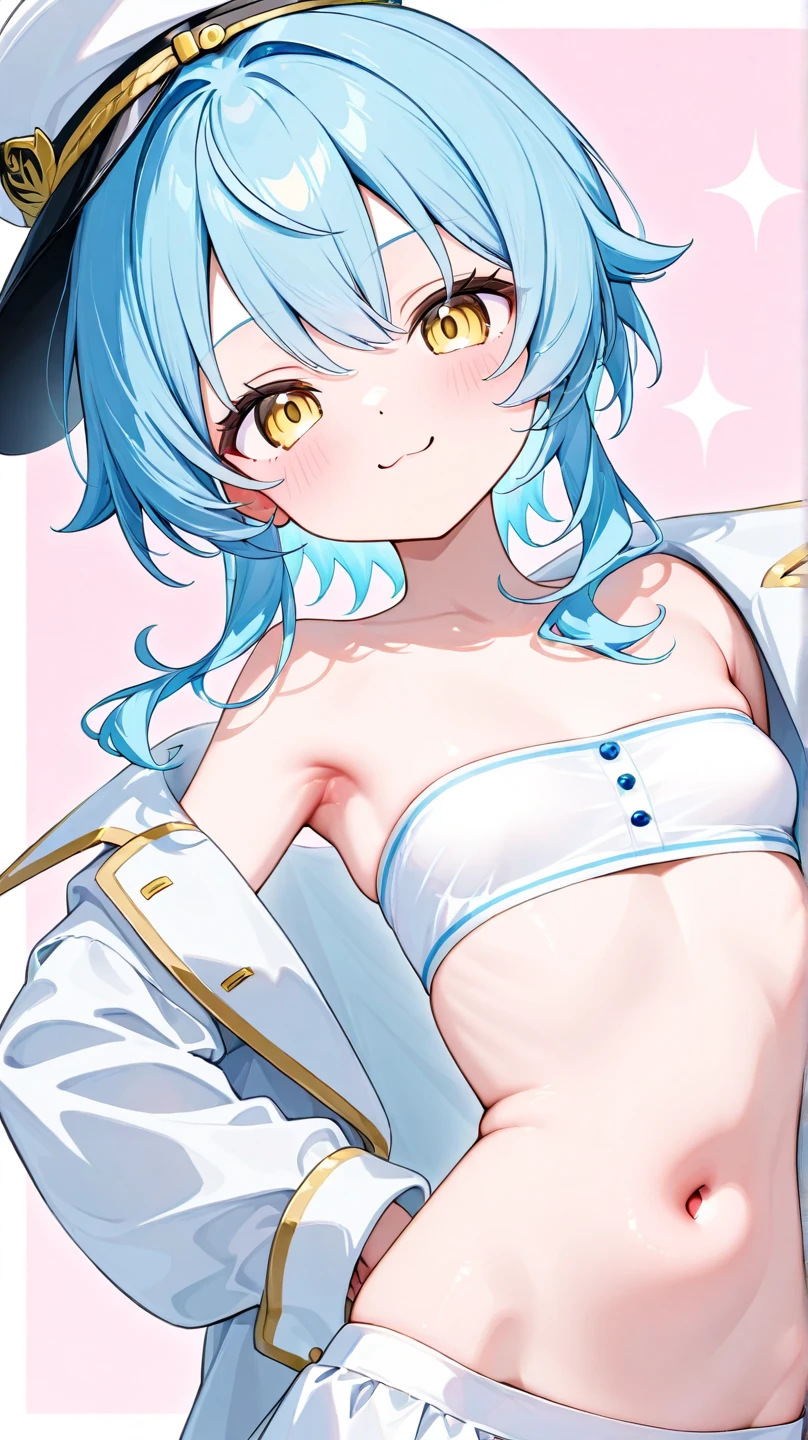 best quality, amazing quality, very aesthetic, absurdres, 1girl, arona (blue archive), blue archive, blue eyes, hair, strapless, (artist official art:1.5), (realistic face), (narrowed eyes), (cowboy shot:2), (concept art:1.5), panties, (thigh), expressive eyes, perfect face, 4k, extremely detailed anime illustration, enhanced details, perfect anatomy, light rays, photo background, extremely delicate body, smooth skin, feminine expression, (black background:1.5), cristal clear eyes, beautiful face, small breasts