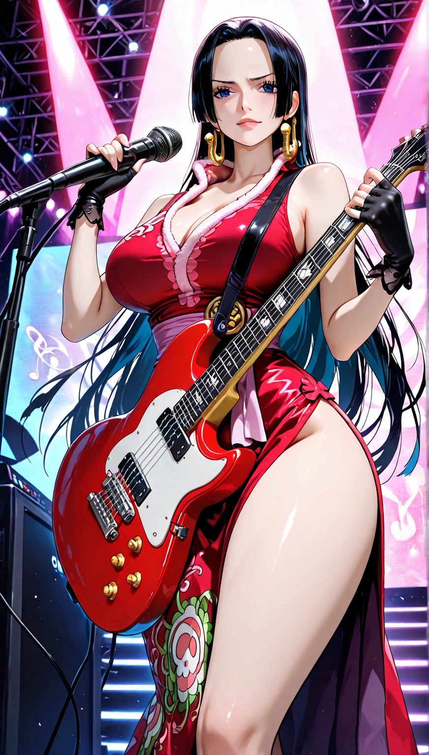 8k,UHD,Top-quality,Ultra high definition 8K illustration wallpaper,Super high resolution,Masterpiece,Intricately detailed,Blurry background,Depth of field,Tonemapping,Sharp focus,Trending on Artstation,Looking at viewer,Dynamic angle,Full body,Musician,Guitarist,Guitar,Cool girl,1girl,Solo,Gigantic breasts,Pink glowing red hair,Very long ponytail,Stinking eyes,Black eyes,Sharp eyes,Black leather hooded jacket,Denim shorts,Black thighhighs,Fishnet tights,Open clothes,Vivid red bikini,Mechanical Boots,Outdoors,City