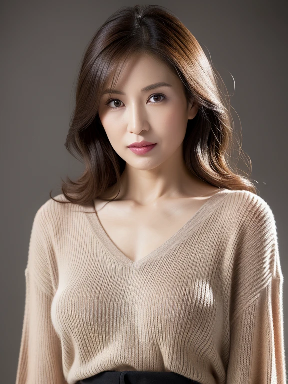((highest quality、8K resolution、master masterpiece、professional photography)), Photoreal, (50 year old beautiful mature woman with idol face:1.3), (Wrinkled face:1.2)、upper body photo、(Nude photo from the chest up:1.1)、(solid white background:1.1)、(advertising image:1.1)、wrinkles around the eyes,standing elegantly、(Plump and soft body、clavicle)、(The most elegant and beautiful berry long wavy hair)、(look at me悲しい微笑み:1.2)、(look at me:1.1)、(large breasts of beautiful shape、soft cleavage)、perfect makeupアップ,Dark red lipstick,perfect makeup,eye shadow、long eyelashes、(Glossy fair skin with super high detail:1.1)、premonition of love