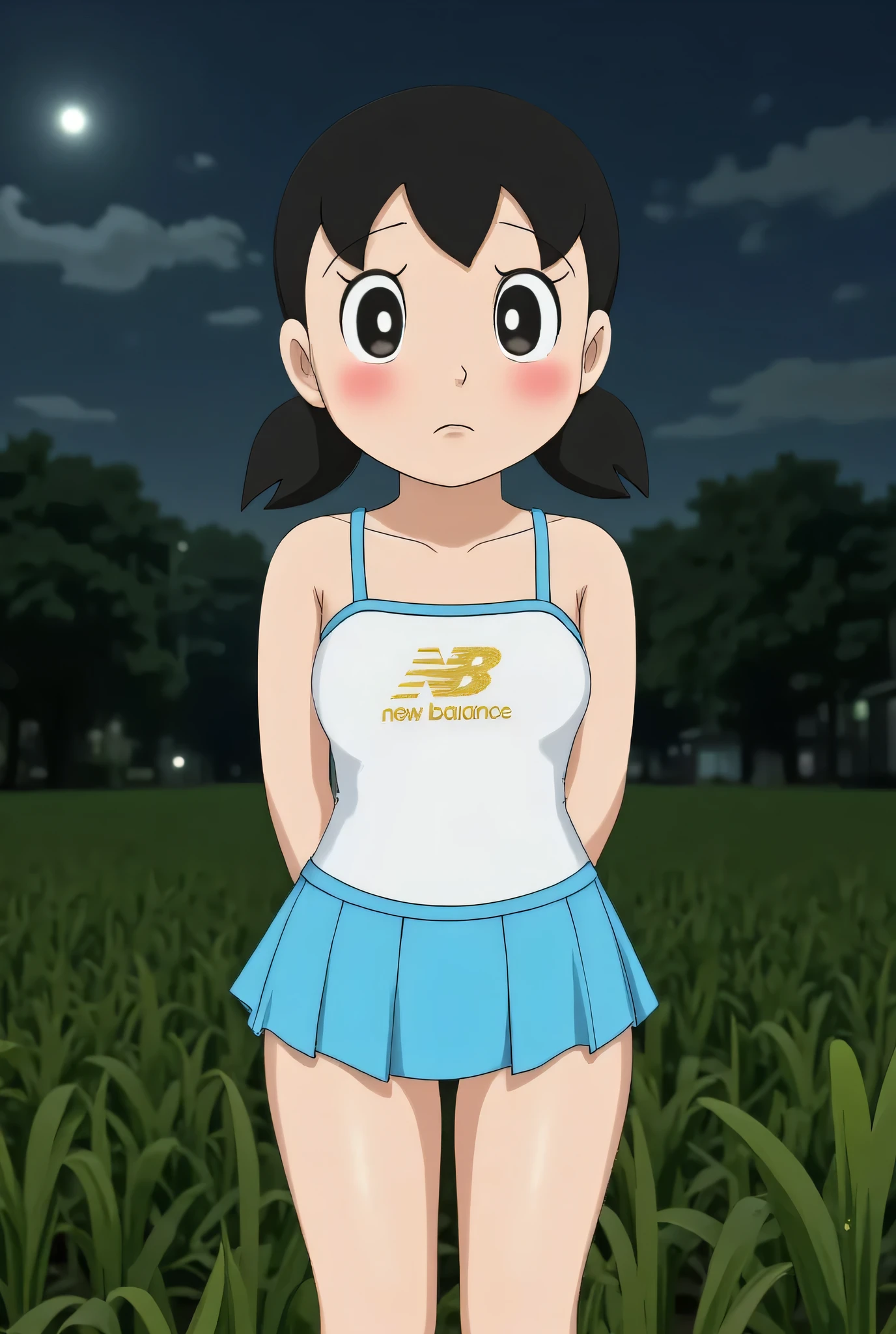 (SAD FACE EXPRESSION:1.2), CLOSED MY CENTER, Fat Overweight, ((Short ruffled mini tiny skirt)), makcik tua! gemok, Tetek besar melayut, (photorealistic:1.6) Indonesian dry aunty wear bra and (mini tiny tights Hotpants), Green background rice paddy. Night time atmosphere, don't put any rope! flat chest!, duduk di atas kerusi kaca, hands behind back while legs astride, view from front, wearing Detailed Fully light blue satin silk tight dress, (SINGLET ruffled " NEW BALANCE " big gold logo). Fat, ((PATUNG DORAEMON SEDANG MEMELUK PUNGGUNG SAYA DARI SISI))