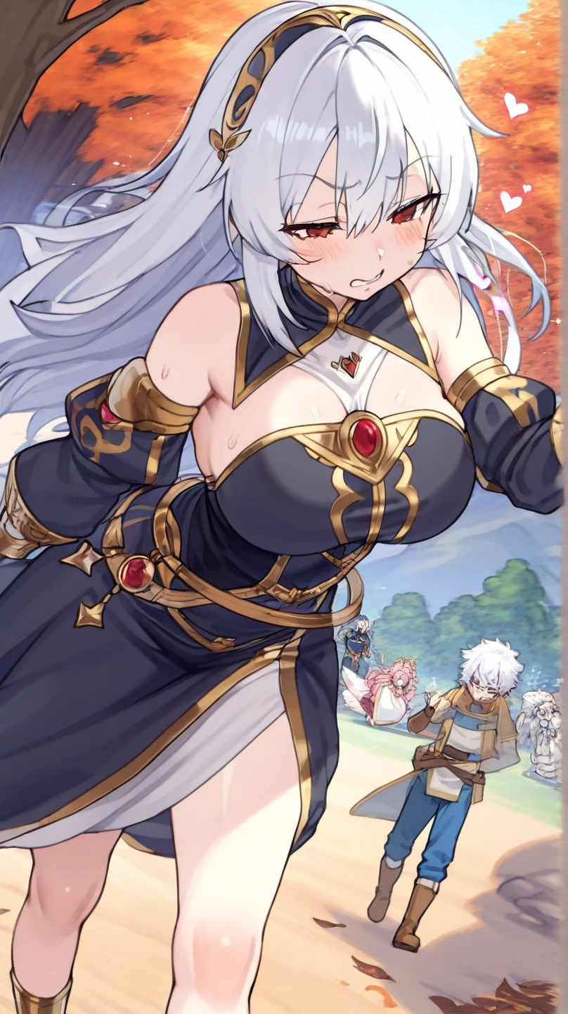 (best quality), (Super detailed), (Best Illustration), (woman), look at viewer, {(wizard robe:1.2), (underboob:1.2), (cleavage:1.2), (large breasts), navel}, {(detailed eyes), (heart-shaped pupils), blue eyes}, {brown hair, (sideburns), (bob cut:1.3), curly hair, hairs between eyes, colored inner hair}, blush, earring, hair band, fantasy landscape,