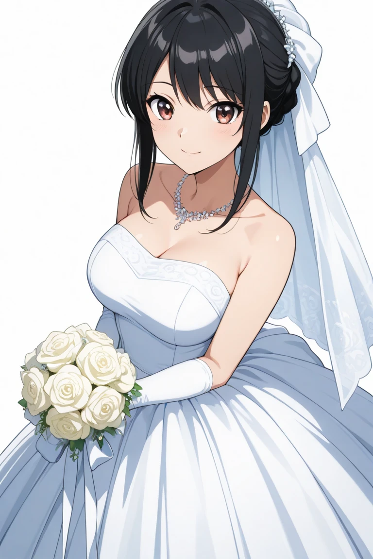 two-dimensional, masterpiece, best quality, Japanese cartoons, Very detailed, 1 girl, alone, cowboy shooting, Ruka, black hair,blue headband, blue bow, Close-up of beautiful bride in bridal dress,Gurwitz,Blushing face,Head flower,headgear,(tube top wedding dress:1.5),(silk dress:1.2),(strapless wedding dress:1.5),pure white dress,necklace,earrings,(large breasts:1.3),Neck ornaments,Deep V peach heart collar wedding dress,Bangs,Bouquet,lipstick,(White long elbow gloves:1.3),(Bridal veil:1.2),(Transparent short veil:1.2),Bust photo,High detail RAW color art,Tyndall phenomenon,front,Half body