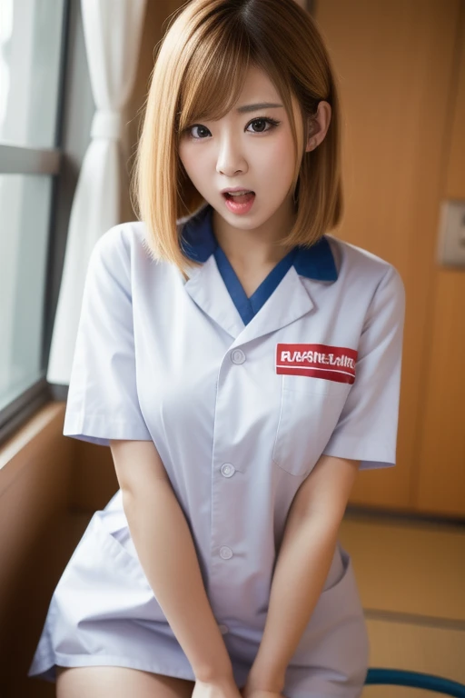 (masterpiece),(highest quality:1.2),1 girl,(Masseter muscle part:1.3),exquisite details, highest qualityの8K解像度, super detailed, realistic, Bright colors, soft tones, With warm and gentle lighting, (pink nurse uniform:1.3), (short blonde hair:1.5),(middle parted hair:1.3),(shining hair),(blue eyes:1.3), big breasts, white skin, Barrette, (hospital room:1.3), (NFSW:1.4), Sit with your legs spread:1.5