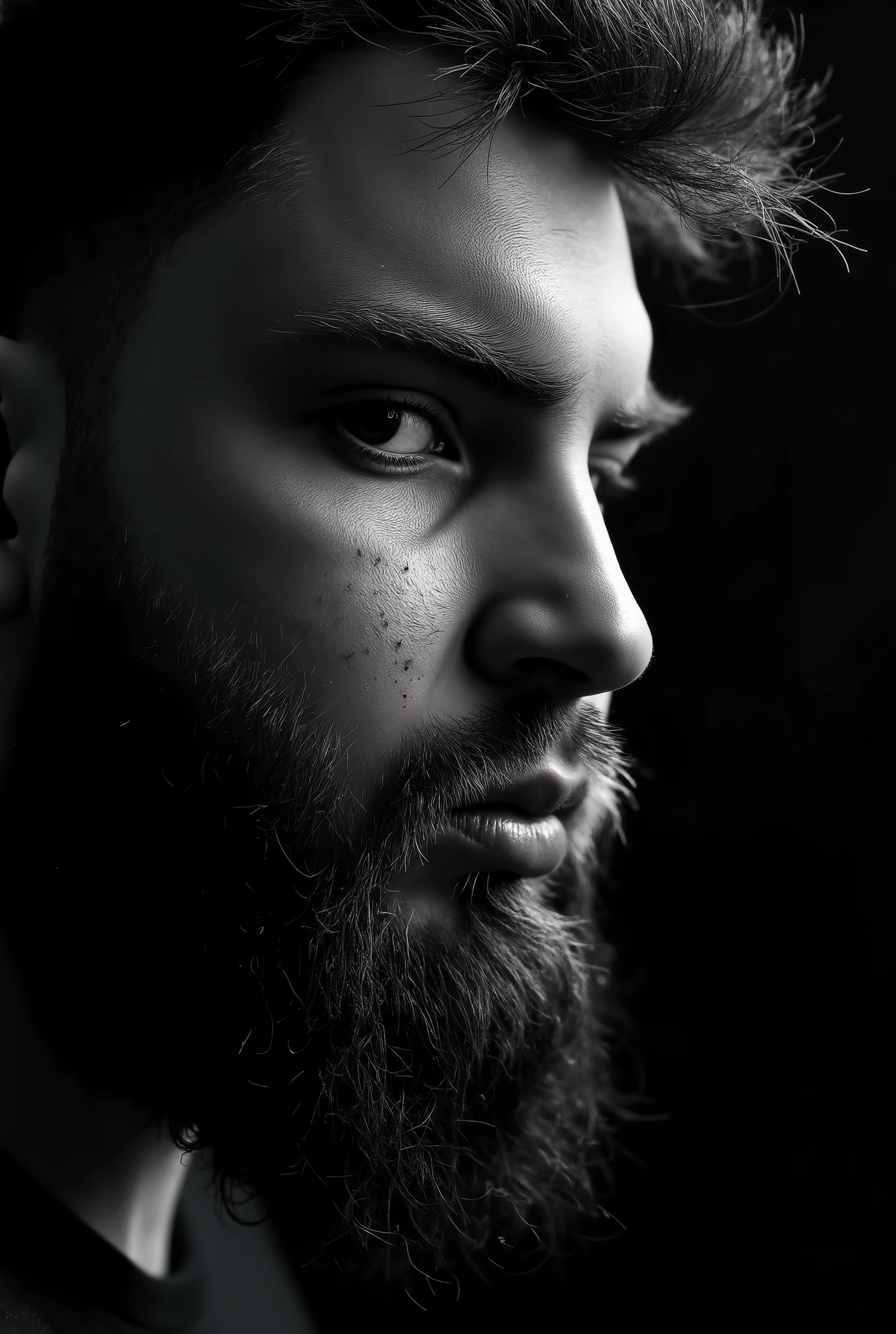 Create a high-quality black-and-white close-up portrait of a man resembling the avatar of pavel89ru. The man should have a rugged, intense expression, with noticeable facial hair and a strong jawline. Only the right half of his face should be shown, illuminated by dramatic lighting, leaving the rest in deep shadow to emphasize the sharpness of his facial features. The lighting should be professional, with deep shadows and bright highlights accentuating the eyes and other details. The background should be dark and minimalistic, with a smooth gradient to avoid distracting from the face. The skin texture should be ultra-realistic, with every line and pore visible in high resolution. The gaze should be piercing and intense, creating a cinematic and moody atmosphere. The overall look should convey strength, power, and mystery, suitable for a high-end fashion or editorial magazine. Use 8K or 4K image quality with maximum detail to capture the facial features, skin, and hair texture.