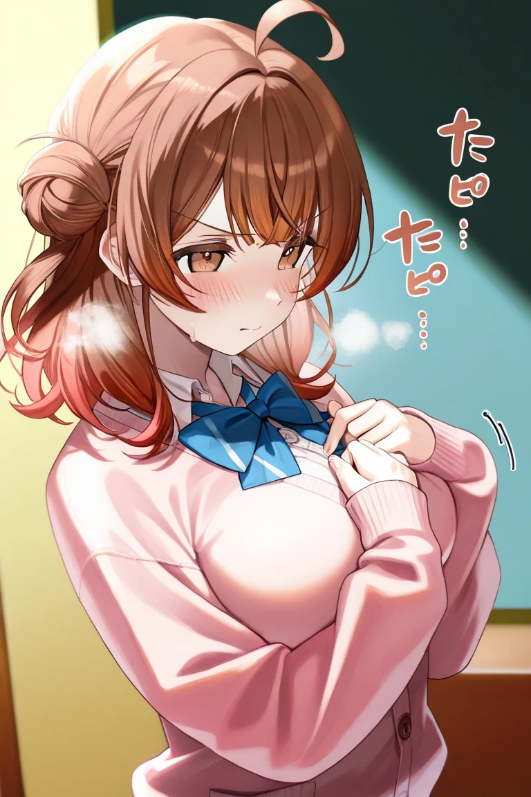 (best quality), (Super detailed), (Best Illustration), (nsfw), (1woman), (Ahegao:1.2), look at viewer, (flower pattern shirt), (Big Breasts:1.2), {brown hair, (bob cut:1.2), curly hair, hairs between eyes}, {(detailed eyes), heart-shaped pupils, blue eyes}, sweat, steam, girl trembling with sexual climax,earrings, white hairband