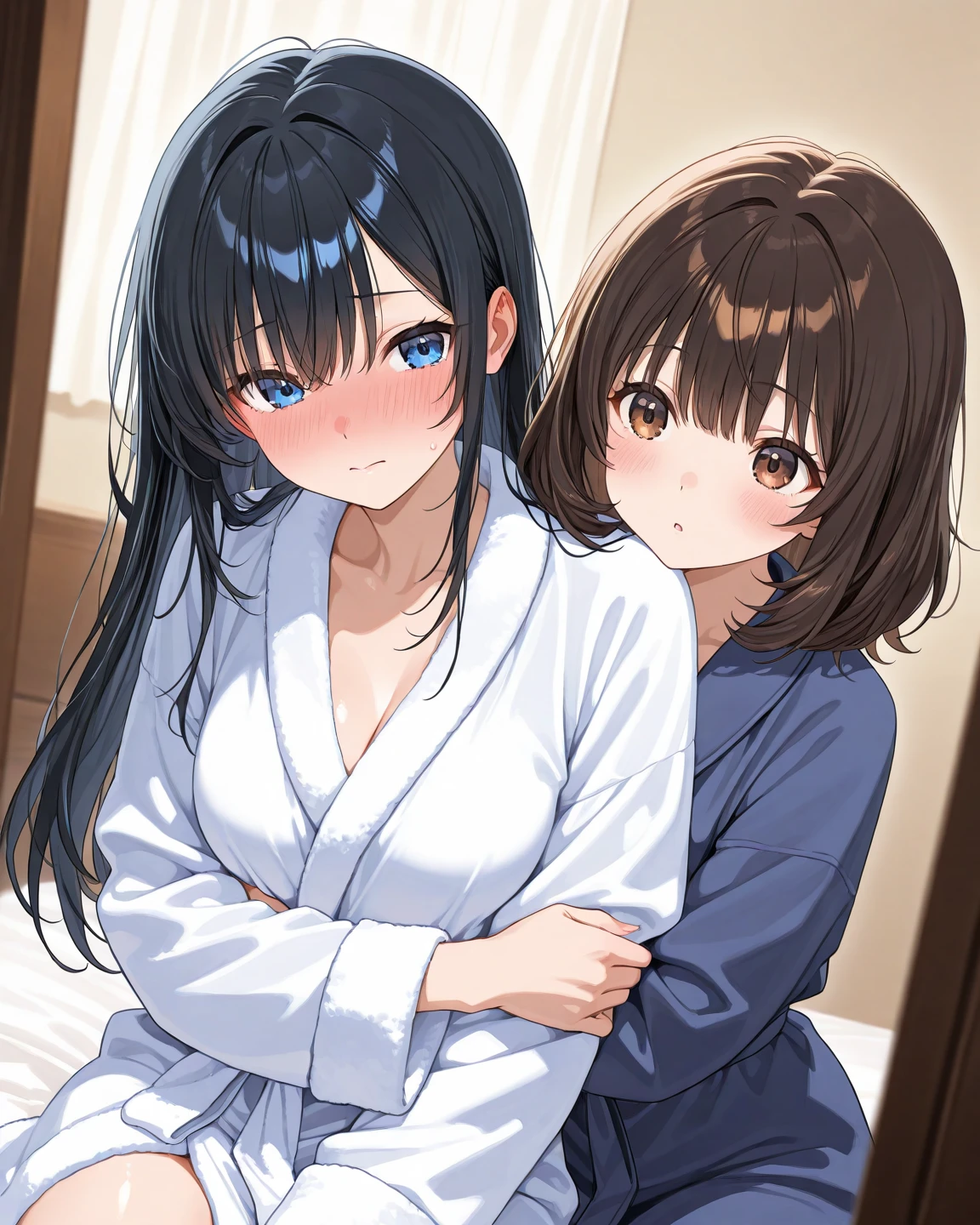 masterpiece、High resolution、Naughty high school girls compete in a sauna room during a school trip, groping each other's huge nipples