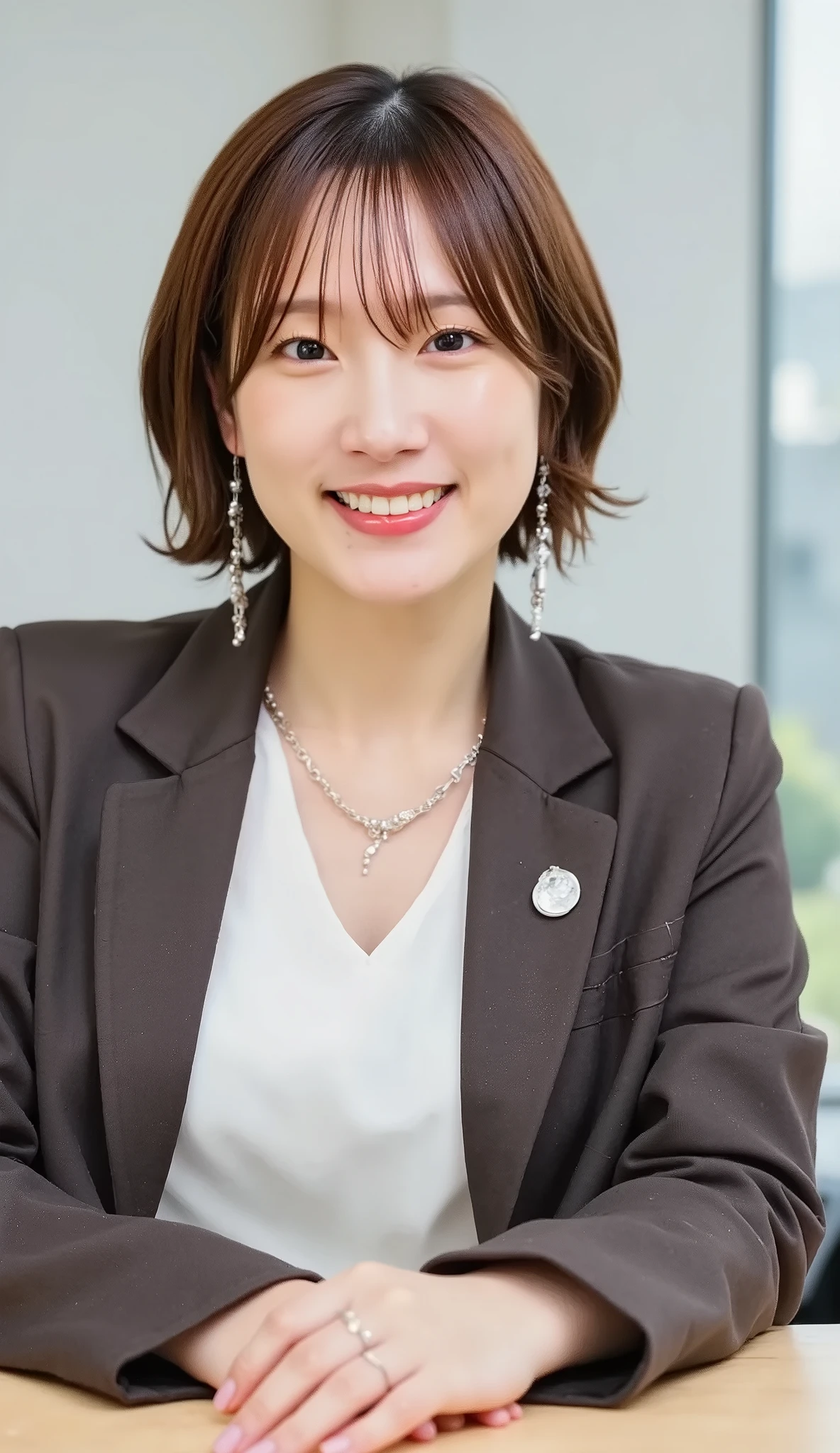 Neat Young Woman、and look at the camera、office lady suit、jacket、shirt、necklace、ear piercing、黒髪、、smile showing teeth、背景はオフィス
