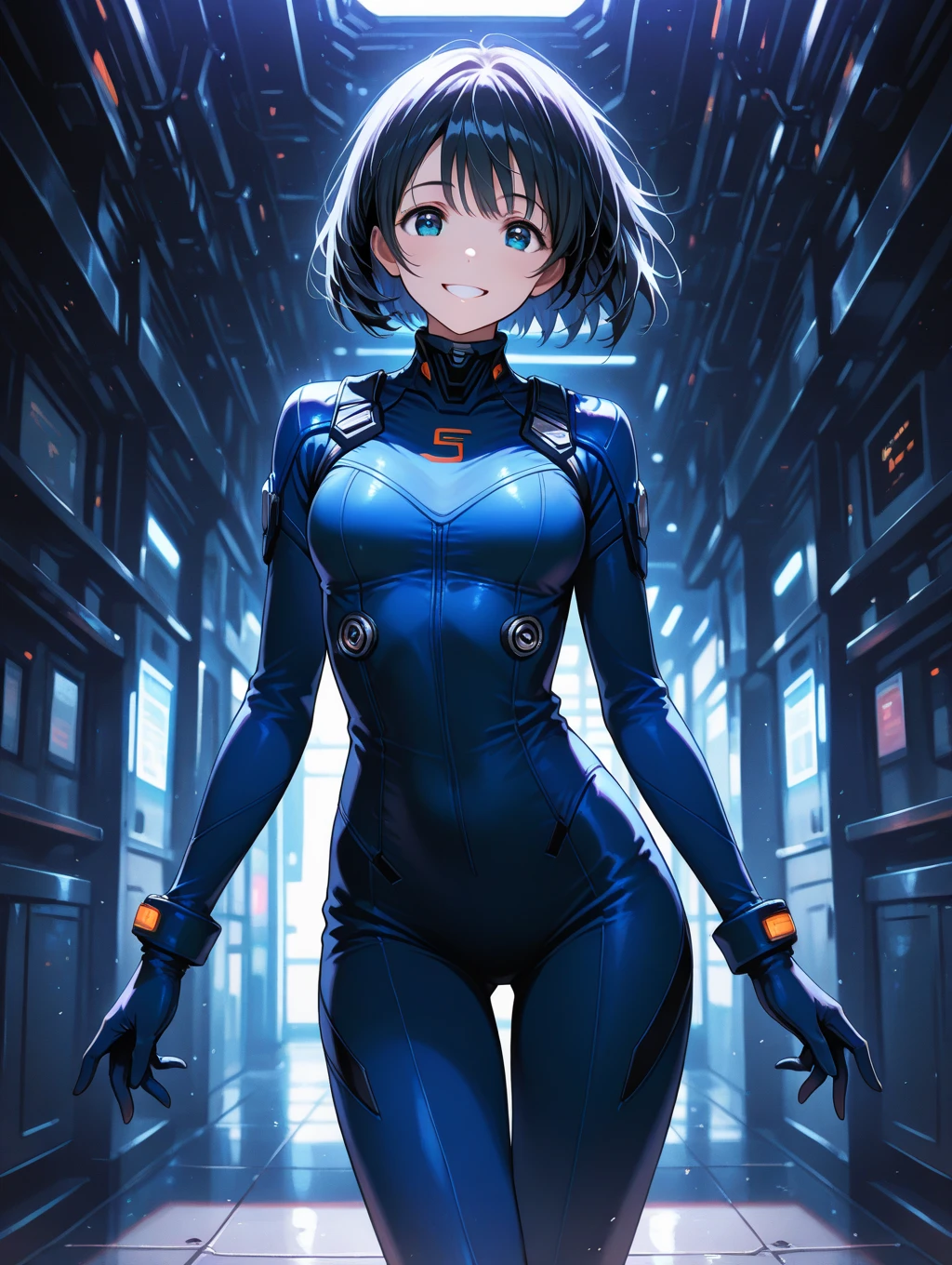 Best Quality,T Masterpiece,Ultimate resolution,18Old female fighter,Slender、Very slim、Small face、cute、(Kneeling pose),Super Short Hair,((A tight-fitting black combat uniform with a shiny enamel finish:1.0)),Black Hair、Peace talks between warring factions,attention arousal, smart blue eyes,Tight Suit,gloves、Steel City Background,night